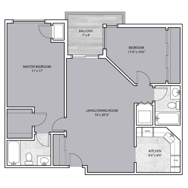 2 bedroom 2 bath floor plan with balcony