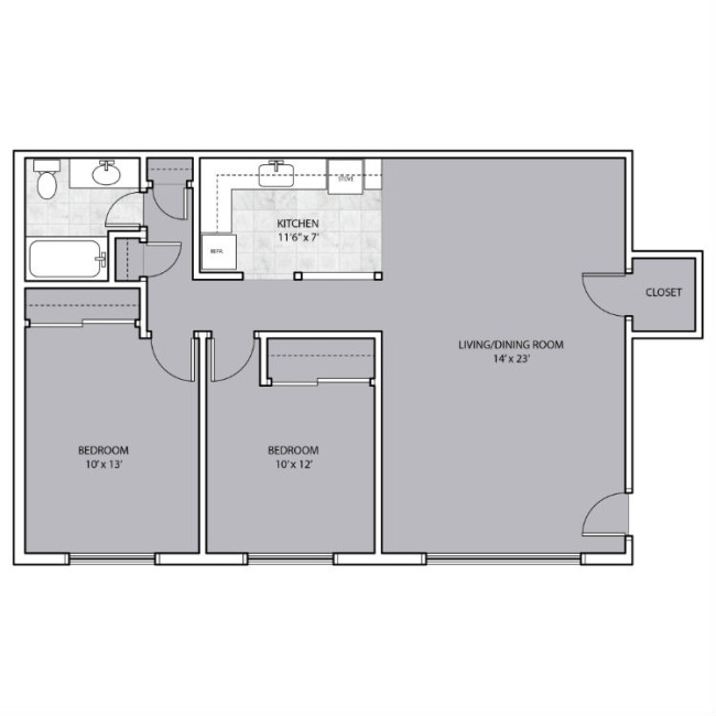2 Bedroom with hallway closet space floor plan
